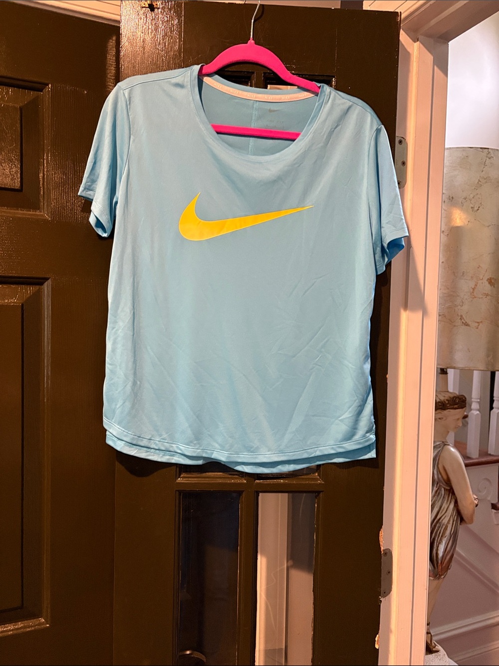 Nike Women's Light Blue Short Sleeve Dri-FIT Tee with Yellow Swoosh